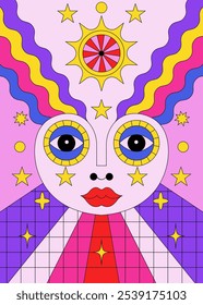 Surreal Pop Art Face with Vibrant Colors and Cosmic Elements