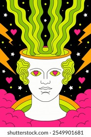 Surreal Pop Art Greek Bust with Psychedelic Elements and Neon Colors