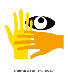 Surreal portrait. Eye and colorful hands. Minimalism style. Flat design. Abstract modern vector illustration.