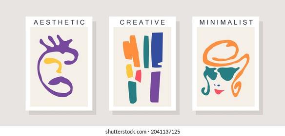 Surreal portraits. Three trendy posters in contemporary minimalistic style. Abstract illustrations inspired by Matisse graphics. Vector template