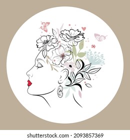 Surreal Profile of a woman's face, hairstyle of flowers, leaves, butterflies, heart. Concept for a beauty salon, hairdresser, fashion, cosmetics. Highlight for stories