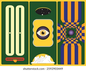 Surreal Psychedelic Art – Abstract Optical Illusion, Esoteric Eye Symbol, and Retro-Futuristic Design. checkerboard 3D tunnel, this artwork evokes dreamlike consciousness, alternate realities, and fut