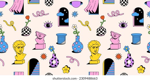 Surreal psychedelic cartoon sticker pack. Cartoon flowers and vase, abstract shapes clouds, greek sculpture and statue, arch, window, column in trendy playful cartoon style. Vector illustrations.