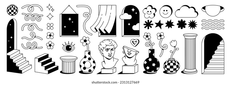 Surreal psychedelic cartoon sticker pack. Cartoon flowers and vase, abstract shapes clouds, greek sculpture and statue, arch, window, column in trendy playful cartoon style. Vector illustrations.