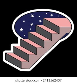 Surreal psychedelic cartoon sticker with steps to the starry sky. Various retro patches, stickers.  