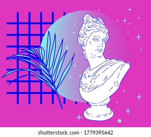 Surreal psychedelic collage with Apollo Belvedere statue, fern leaves and neon pink and blue circle. Classical sculpture in vaporwave retrofuturistic aesthetics style.