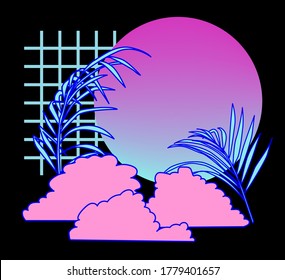 Surreal psychedelic collage with fern leaves, clouds, neon pink and blue circle. Vector illustration in vaporwave retrofuturistic aesthetics style.