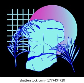 Surreal psychedelic collage with statue, fern leaves and neon pink and blue circle. Classical sculpture in vaporwave retrofuturistic aesthetics style.