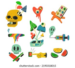 Surreal psychedelic creative element. Weird stickers vector cartoon set isolated on a white background.