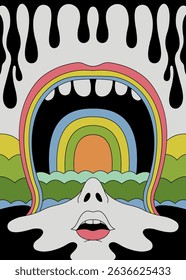 Surreal Psychedelic Face with Melting Drips and Rainbow Landscape