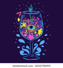 Surreal Psychedelic Glass with Eye, Flowers and Mushrooms – Trippy Poster Art Surreal and psychedelic illustration of a glowing wine glass filled with vibrant abstract flowers, mushrooms