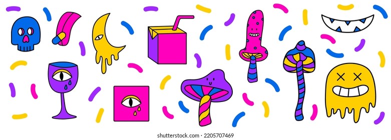 Surreal and psychedelic horizontal banner template. Bright vector psychedelic illustration. Website banner with surreal elements