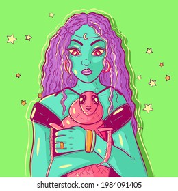 Surreal and psychedelic illustration of a woman holding a cockroach in her arms. Celestial being with green skin hugging her pet. Uncommon unique art of an alien girl and an adorable insect.