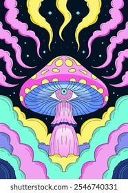 Surreal Psychedelic Mushroom with Mystical Eye and Colorful Smoke in a Cosmic Night Sky