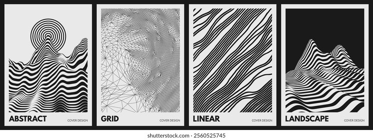 Surreal and psychedelic striped landscape background. Spider web or net. 3D wireframe illustration in technological style. Irregular pattern of lines. Stripes that look like threads. Vector for design