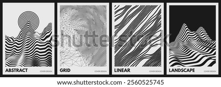 Surreal and psychedelic striped landscape background. Spider web or net. 3D wireframe illustration in technological style. Irregular pattern of lines. Stripes that look like threads. Vector for design