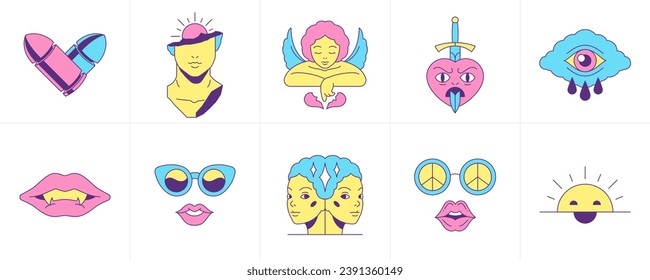 Surreal psicodélico ícono de moda de moda divertido dibujo animado emoticono contorneado ilustración plana vectorial. Comic extraño pegatina bala cortada escultura angel corazón con nube de espadas boca vampiro hippie