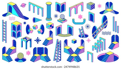 Surreal psychedelic trippy Y2K elements of staircase and portal and column, vector shape. Psychedelic art stairs and podium with planet, ladder and arch in retro surreal illusion Y2K abstract shapes