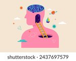 Surreal, Psychology, Dream, Mental Health concept illustration. Brain, neuroscience and creative mind poster, cover. Contemporary art background and shapes. Vector illustration