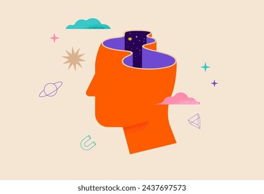 Surreal, Psychology, Dream, Mental Health concept illustration. Brain, neuroscience and creative mind poster, cover. Contemporary art background and shapes. Vector illustration 