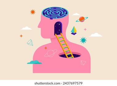 Surreal, Psychology, Dream, Mental Health concept illustration. Brain, neuroscience and creative mind poster, cover. Contemporary art background and shapes. Vector illustration