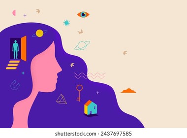 Surreal, Psychologie, Traum, Mental Health Konzept Illustration. Frauenkopf mit surrealen Elementen. Brain, Neuroscience und Creative Mind Poster, Titelseite. Hintergrund und Formen zeitgenössischer Kunst. Vektor