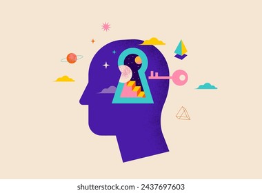 Surreal, Psychology, Dream, Mental Health concept illustration. Brain, neuroscience and creative mind poster, cover. Contemporary art background and shapes. Vector illustration 