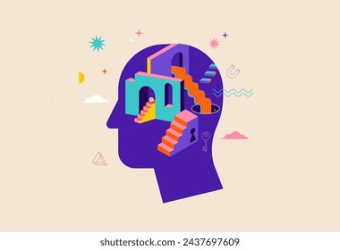 Surreal, Psychology, Dream, Mental Health concept illustration. Brain, neuroscience and creative mind poster, cover. Contemporary art background and shapes. Vector illustration 