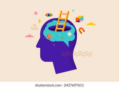 Surreal, Psychology, Dream, Mental Health concept illustration. Brain, neuroscience and creative mind poster, cover. Contemporary art background and shapes. Vector illustration 