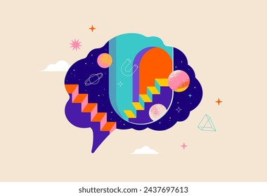 Surrealista, Psicología, Sueño, Ilustración del concepto de salud mental. Cerebro, neurociencia y mente creativa póster, tapa. Fondo de arte contemporáneo y formas. Ilustración de vector