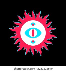 Surreal radial flat vector illustration, round frame or border template. Sun crown shape, tongues of fire, flame circle with the all-seeing eye. Prediction, divination concept, t-shirt print design. 