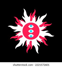 Surreal radial flat vector illustration, round frame or border template. Sun crown shape, tongues of fire, flame circle with the all-seeing eyes. Prediction, divination concept, t-shirt print design. 