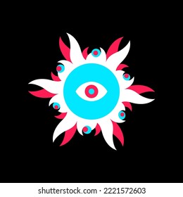Surreal radial flat vector illustration, round frame or border template. Sun crown shape, tongues of fire, flame circle with the all-seeing eye. Prediction, divination concept, t-shirt print design. 