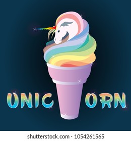 Surreal rainbow cool unicorn which emerge from ice cream cone. Can be used for t-shirt print, fashion print design, kids wear, baby shower, celebration, greeting and invitation card. Vector, EPS 10.