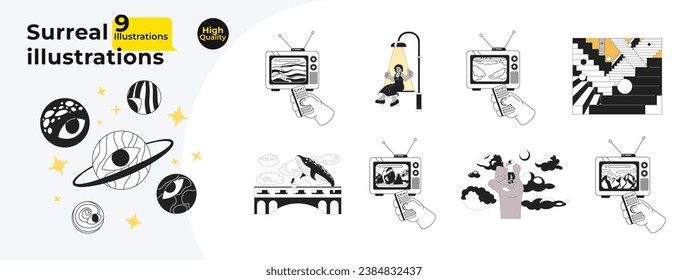 Surreal retro black and white 2D illustration concepts bundle. Eyeball planets, watch television isolated cartoon outline scenes collection. Surrealism vintage metaphor monochrome vector art