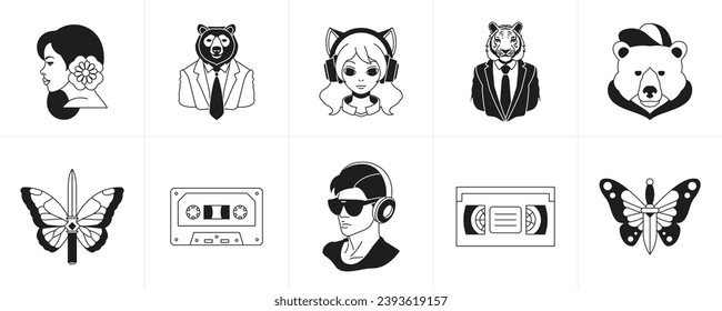 Surreal retro groovy minimalist cartoon character and elements monochrome line icon set vector illustration. Psychedelic tattoo vintage woman bear tiger in suit music audio video cassette butterfly