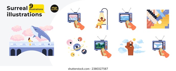 Surreal retro pastel 2D illustration concepts bundle. Eyeball planets, watch television isolated cartoon scenes, white background. Surrealism vintage metaphor abstract flat vector graphic collection