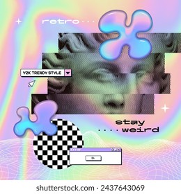 Surreal retrofuturistic collage of user interface with female Roman antique statue in wavy distorted style. Vaporwave vector illustration with fluid blobs.