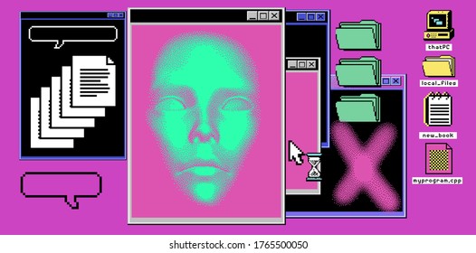 Surreal retrofuturistic vaporwave style background with user interface elements: console terminal window, folder icons.