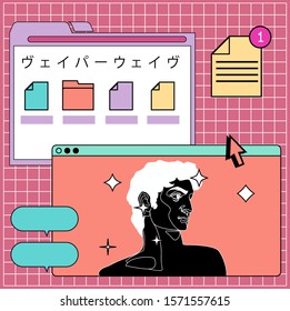 Surreal retrofuturistic vector illustration of user interface with Roman antique statue in cartoon anime or manga style on squared background. Japanese text means "Vaporwave".