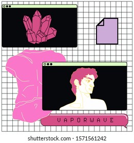 Surreal retrofuturistic vector illustration of user interface with Roman antique statue in cartoon anime or manga style on squared background. Japanese text means "Vaporwave".