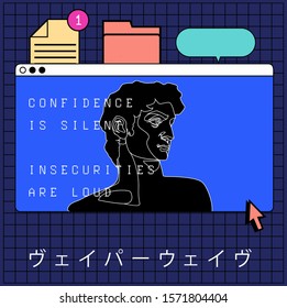 Surreal retrofuturistic vector illustration of user interface with Roman antique statue in cartoon anime or manga style on squared background. Japanese text means "Vaporwave".