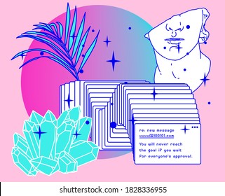 Surreal retrofuturistic vector illustration of user interface with Roman antique statue in cartoon anime or manga style.