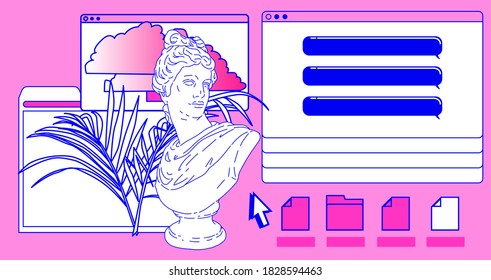 Surreal retrofuturistic vector illustration of user interface with Roman antique statue in cartoon kawaii style.