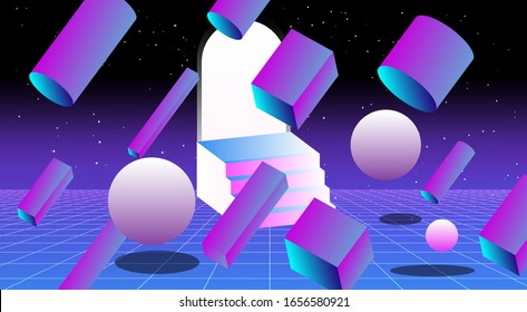 Surreal retrowave and vaporwave style illustration with staircase and arch on endless laser grid.