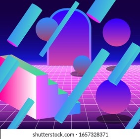 Surreal retrowave and vaporwave style illustration with staircase and arch on endless laser grid. 3D neon solid shapes floating above the floor.