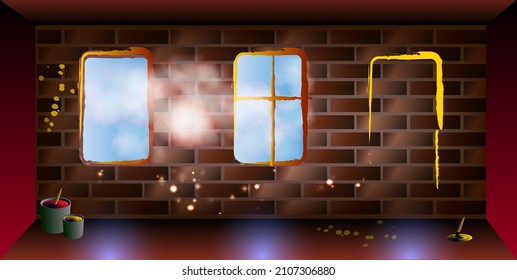 habitación surrealista con paredes de ladrillo y ventanas pintadas. Ilustración del vector