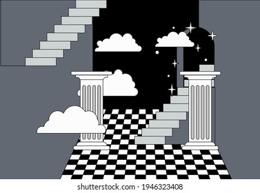 Surreal room interior with a checkerboard floor, pillars and stairs. Trendy pop art psychedelic style illustration.