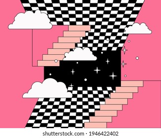 Surreal room interior with a checkerboard floor and stairs. Trendy pop art psychedelic style illustration.