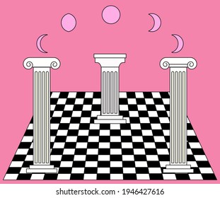 Surreal room interior with a checkerboard floor and pillars. Trendy occult psychedelic style illustration.